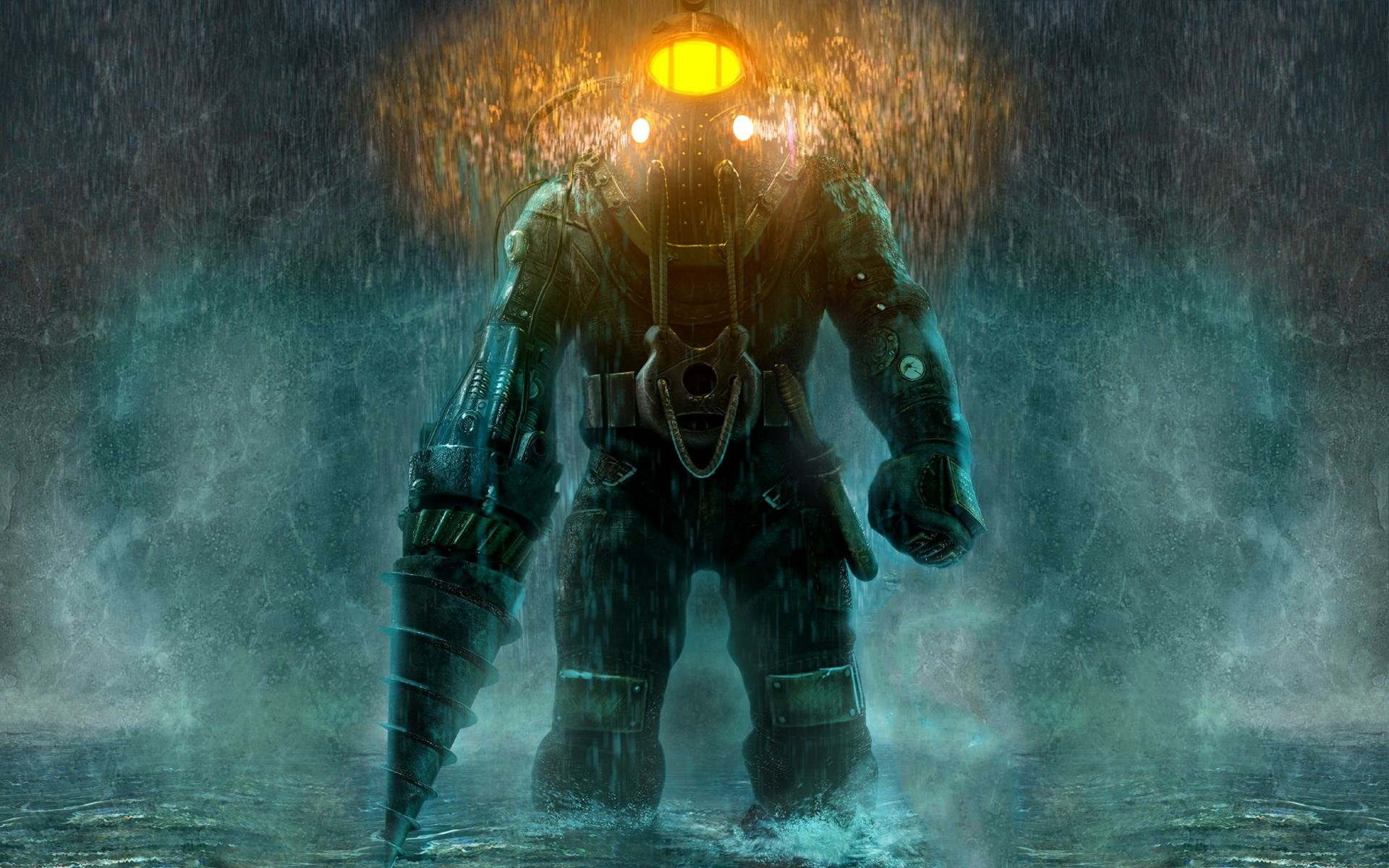 HD PC desktop wallpaper featuring a Big Daddy character from the video game Bioshock 2 emerging through rain and water.