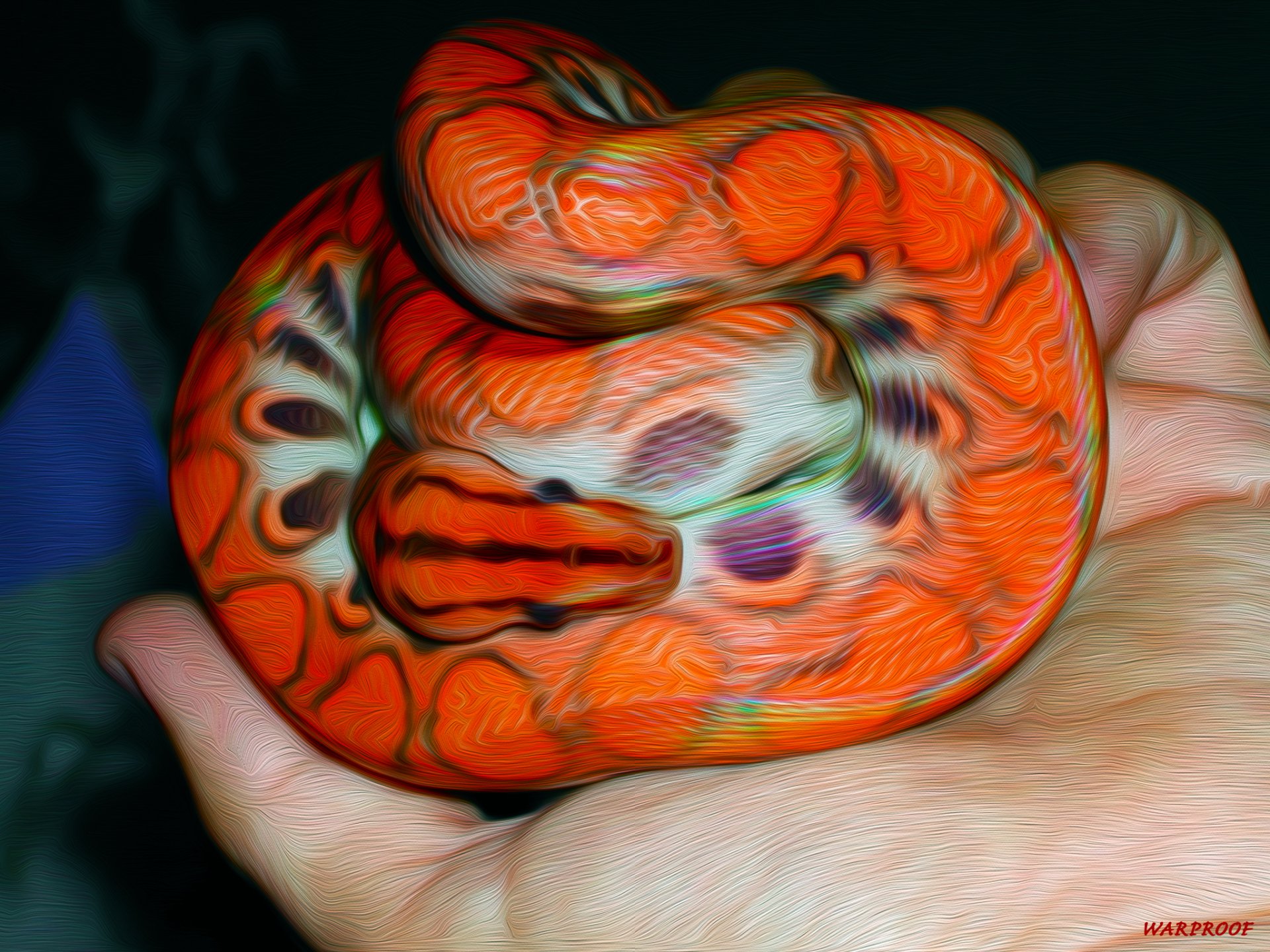 Vibrant oil painting of a snake resting in a hand, showcasing its intricate patterns and colors. A stunning HD wallpaper and background featuring this captivating animal.