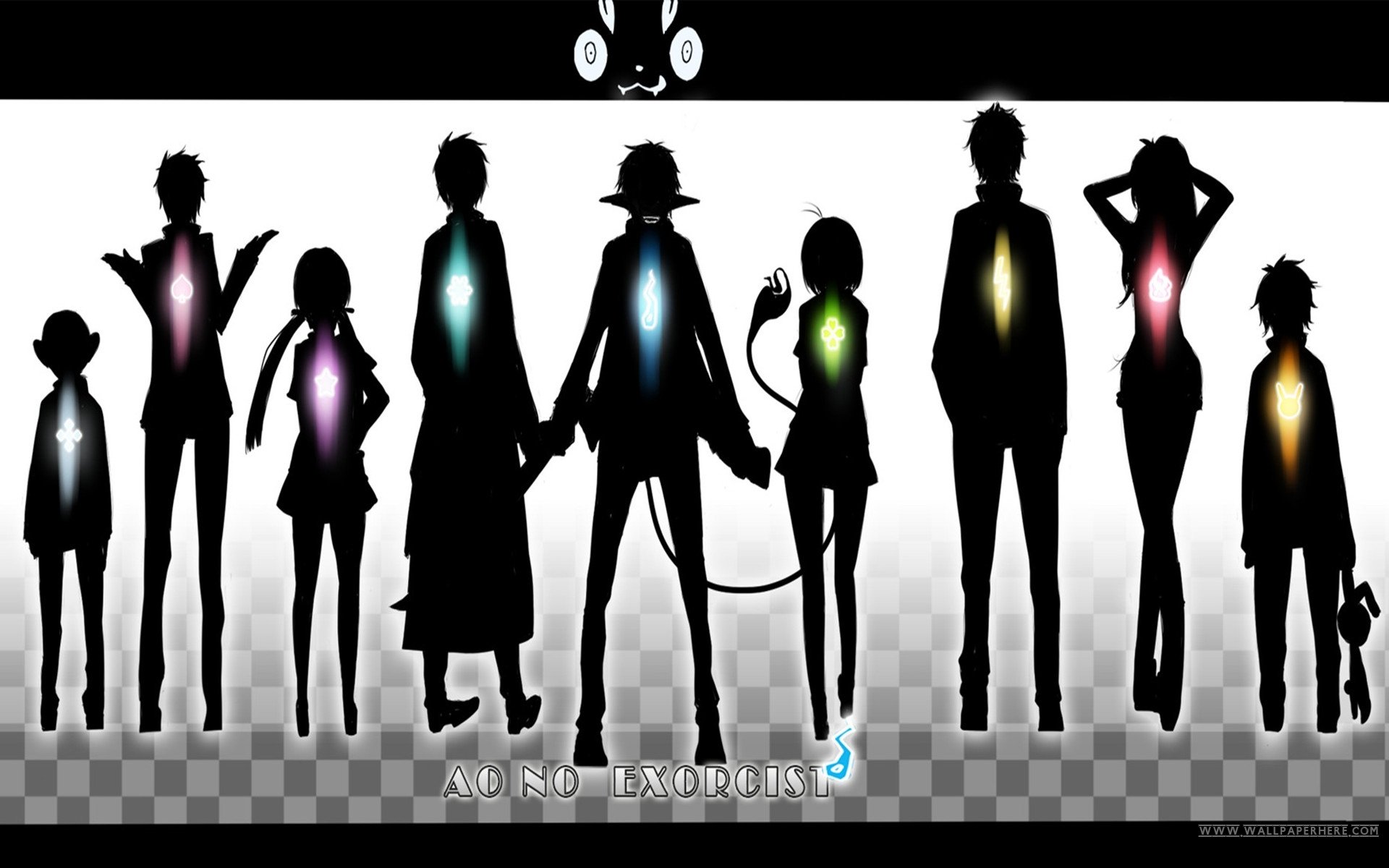 HD PC desktop wallpaper featuring silhouette characters from the anime Blue Exorcist, each with a glowing core in different colors against a transparent background.
