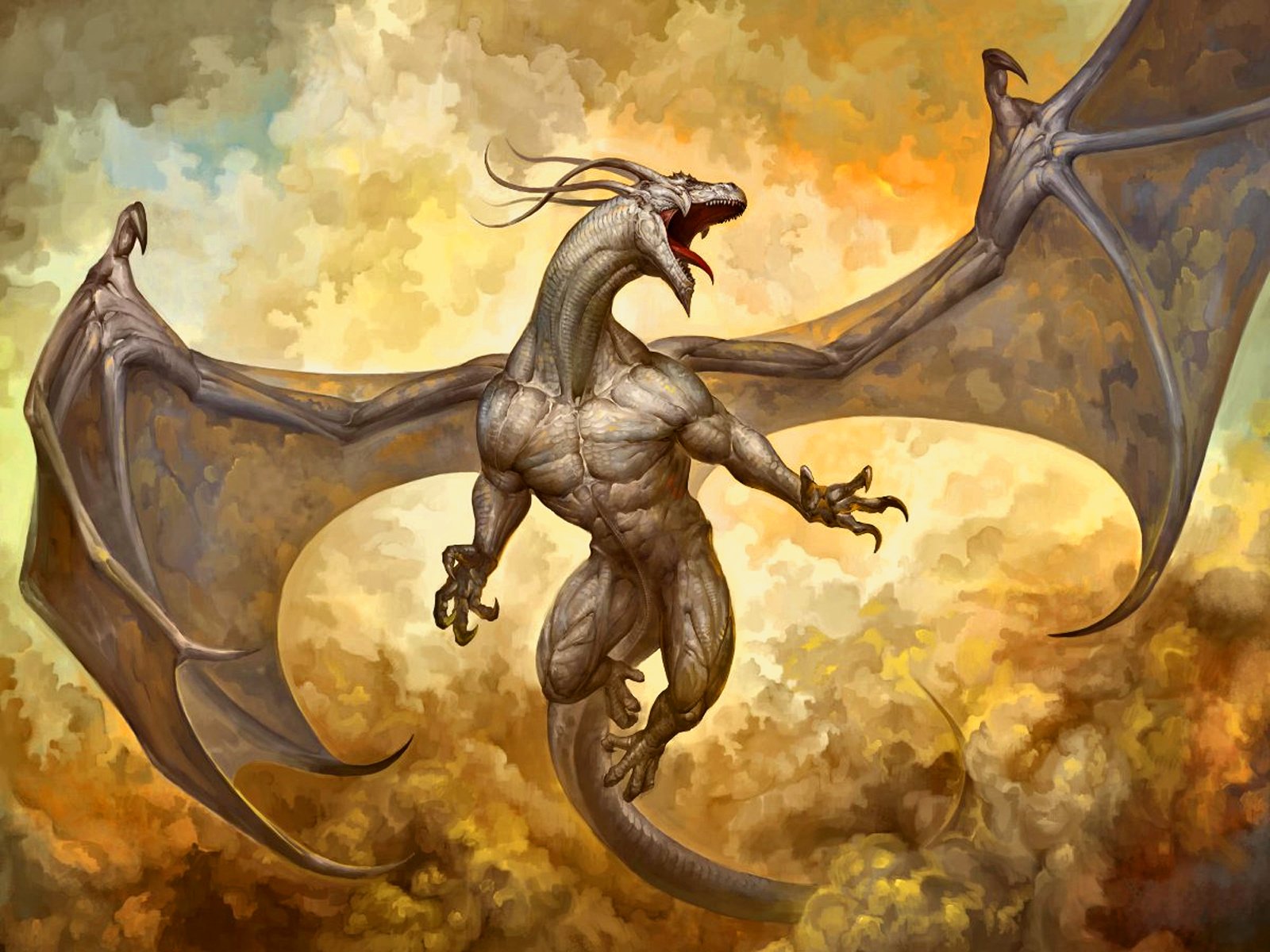 HD desktop wallpaper featuring a majestic dragon with sprawling wings set against a vibrant, golden cloudy sky.