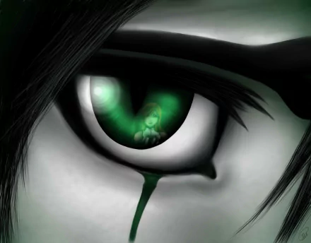 HD desktop wallpaper featuring a close-up of Ulquiorra Cifer's eye from the anime Bleach, highlighting a striking green iris and a dark, shadowy aesthetic.