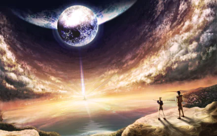 HD desktop wallpaper featuring an anime sci-fi scene with two characters observing a giant glowing planet and a beam of light shining down on a surreal landscape.