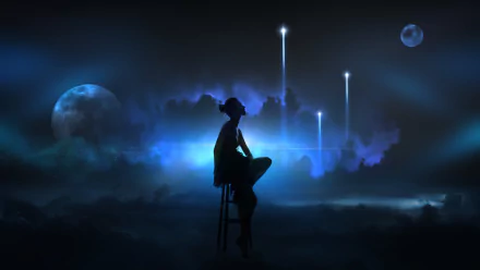 A trippy, psychedelic 3D artwork featuring a silhouette sitting on a stool against a cosmic backdrop, illuminated by glowing lights and celestial elements, designed as HD desktop wallpaper.