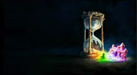 HD wallpaper of a mystical hourglass with glowing colors on a dark background.