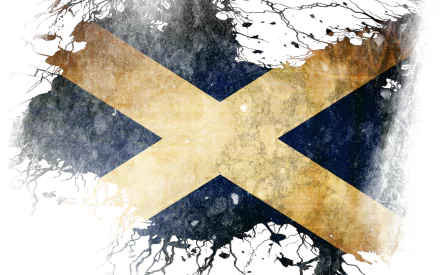 HD desktop wallpaper featuring a grunge-style illustration of the Flag of Scotland with distressed textures and artistic splatters.