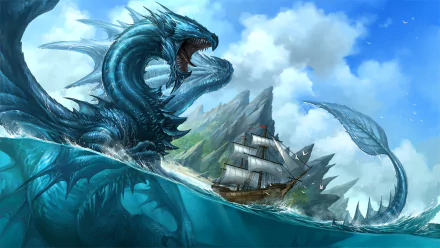HD desktop wallpaper depicting a fierce dragon attacking a sailing ship on a turbulent sea, set against a backdrop of cloudy skies.