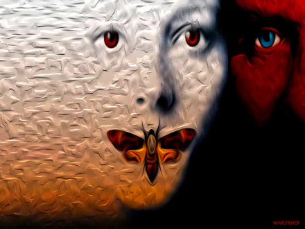 HD PC desktop wallpaper featuring a stylized close-up of a face with a death's-head moth over the mouth, inspired by the movie The Silence of the Lambs.