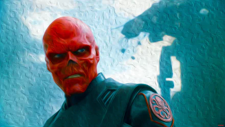 Oil painting style HD desktop wallpaper featuring Red Skull from Captain America: The First Avenger movie, showcasing his iconic red skull mask and dark uniform.
