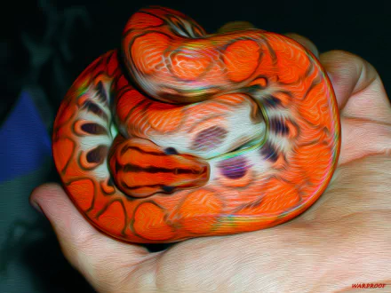 Vibrant oil painting of a snake resting in a hand, showcasing its intricate patterns and colors. A stunning HD wallpaper and background featuring this captivating animal.