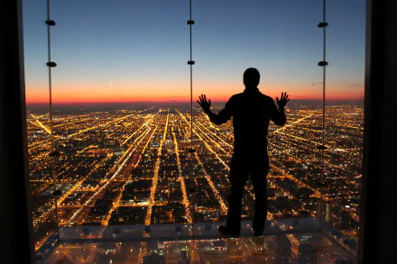 Silhouette of a man standing alone against a floor-to-ceiling glass window overlooking a sprawling city illuminated by lights at dusk, casting long shadows.
