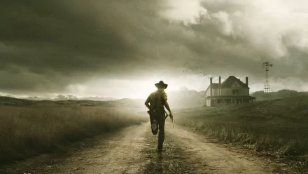 A dramatic HD wallpaper featuring Rick Grimes from The Walking Dead, showcasing him walking down a desolate road with a farmhouse in the background under a moody sky.