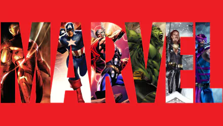 A vibrant HD wallpaper featuring Marvel Comics characters: Hawkeye, Black Widow, Hulk, Thor, Captain America, and Iron Man, set against a bold red background.