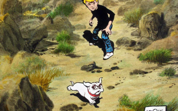 HD PC desktop wallpaper featuring Jonny Quest from the TV show, leaping over rocky terrain with his dog in a vibrant, animated desert landscape.
