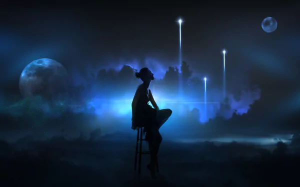 A trippy, psychedelic 3D artwork featuring a silhouette sitting on a stool against a cosmic backdrop, illuminated by glowing lights and celestial elements, designed as HD desktop wallpaper.