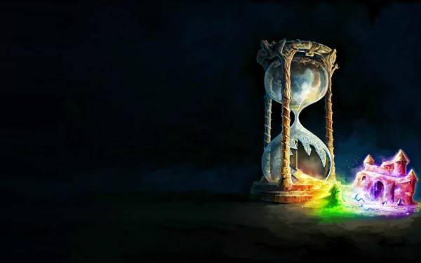 HD wallpaper of a mystical hourglass with glowing colors on a dark background.