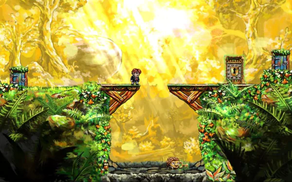 HD desktop wallpaper of the video game Braid featuring a character with a braid on a mystical bridge surrounded by lush foliage and golden light.