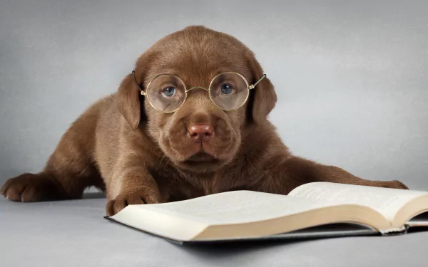 A cute Labrador Retriever puppy with glasses rests its chin on an open book, capturing a charming and studious moment. This HD image serves as an engaging desktop wallpaper.