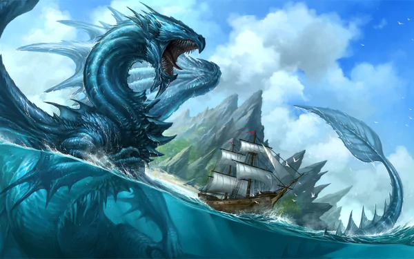 HD desktop wallpaper depicting a fierce dragon attacking a sailing ship on a turbulent sea, set against a backdrop of cloudy skies.