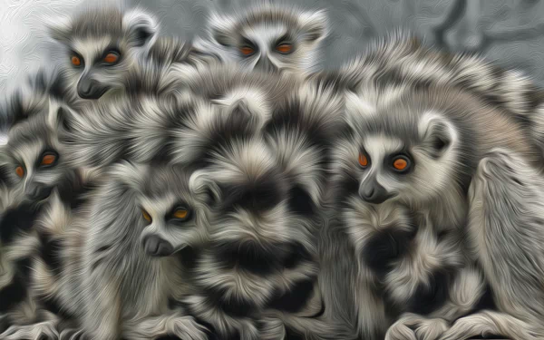HD desktop wallpaper featuring a close-up of a group of ring-tailed lemurs with striking orange eyes and detailed fur texture.