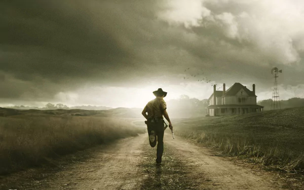 A dramatic HD wallpaper featuring Rick Grimes from The Walking Dead, showcasing him walking down a desolate road with a farmhouse in the background under a moody sky.