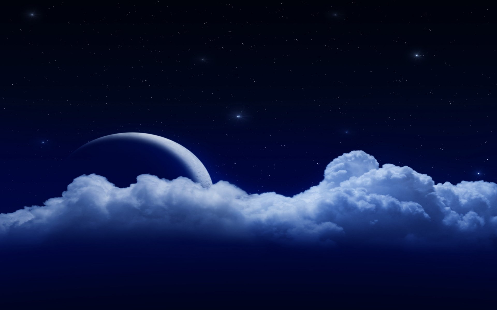 HD PC desktop wallpaper showing a serene night sky with stars, a crescent moon, and fluffy clouds against a deep blue backdrop in a nature-themed scene.