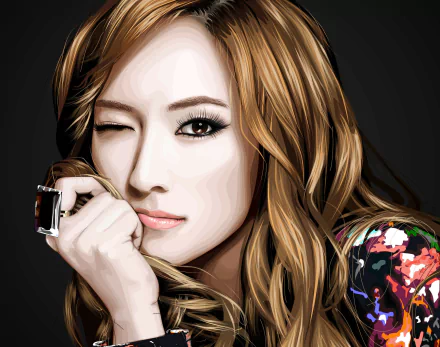 Stylized HD desktop wallpaper of a winking female K-pop singer with long golden hair, glamorous makeup, hand near chin and a colorful sleeve on a dark background. Identity not disclosed.