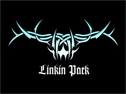 Linkin Park logo in striking turquoise and black, featuring intricate tribal designs, serves as a bold HD desktop wallpaper and background for music fans.