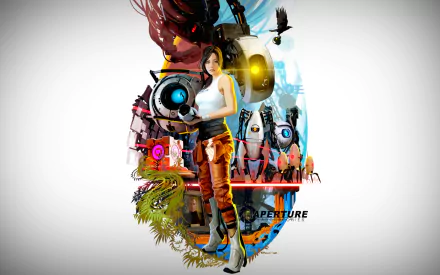 Chell from Portal stands confidently amidst iconic Portal elements and characters in this vibrant HD desktop wallpaper, showcasing the essence of the Portal video game series.