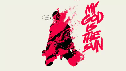 4K Ultra HD PC desktop wallpaper: red-black splattered silhouette with bold red text MY GOD IS THE SUN — Queens of the Stone Age music artwork on a pale background.