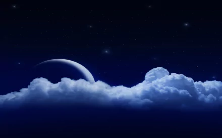 HD PC desktop wallpaper showing a serene night sky with stars, a crescent moon, and fluffy clouds against a deep blue backdrop in a nature-themed scene.