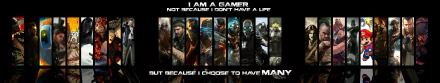 HD PC desktop wallpaper collage featuring iconic video game characters with the phrase I am a gamer not because I don't have a life but because I choose to have many.