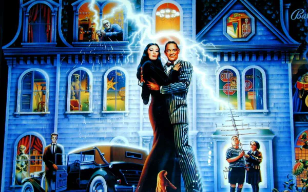 HD PC desktop wallpaper featuring The Addams Family TV show characters in front of their eerie mansion glowing with blue lightning.