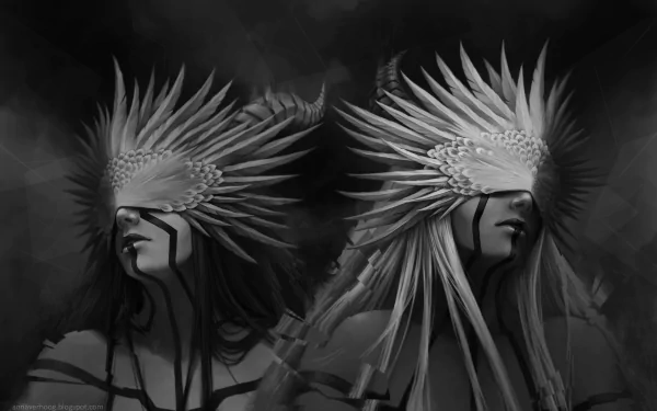 Artistic black and white drawing of two mysterious figures wearing elaborate feathered headdresses, designed as an HD PC desktop wallpaper and background.