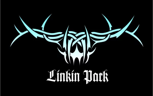 Linkin Park logo in striking turquoise and black, featuring intricate tribal designs, serves as a bold HD desktop wallpaper and background for music fans.