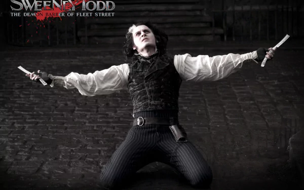 HD PC desktop wallpaper featuring a dramatic scene from the movie Sweeney Todd: The Demon Barber of Fleet Street in Concert, with the character holding razors in both hands.