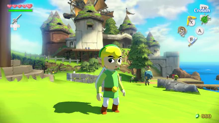 HD wallpaper of The Legend of Zelda: The Wind Waker HD featuring Link on a vibrant grassy landscape with a whimsical building in the background.