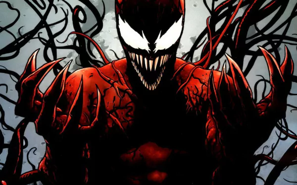 HD PC desktop wallpaper featuring Carnage from Marvel Comics, depicted with sharp teeth, glowing white eyes, and dark red symbiotic tendrils on a gray background.