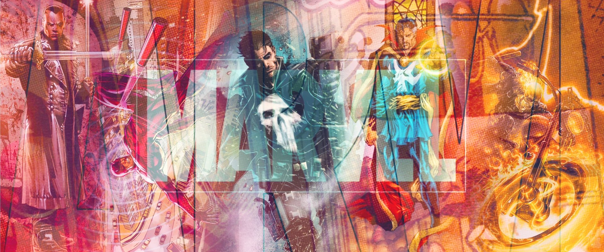 HD Marvel Comics desktop wallpaper featuring Doctor Strange, Ghost Rider, Daredevil, and Punisher with a vibrant, dynamic logo backdrop in a comic art style.