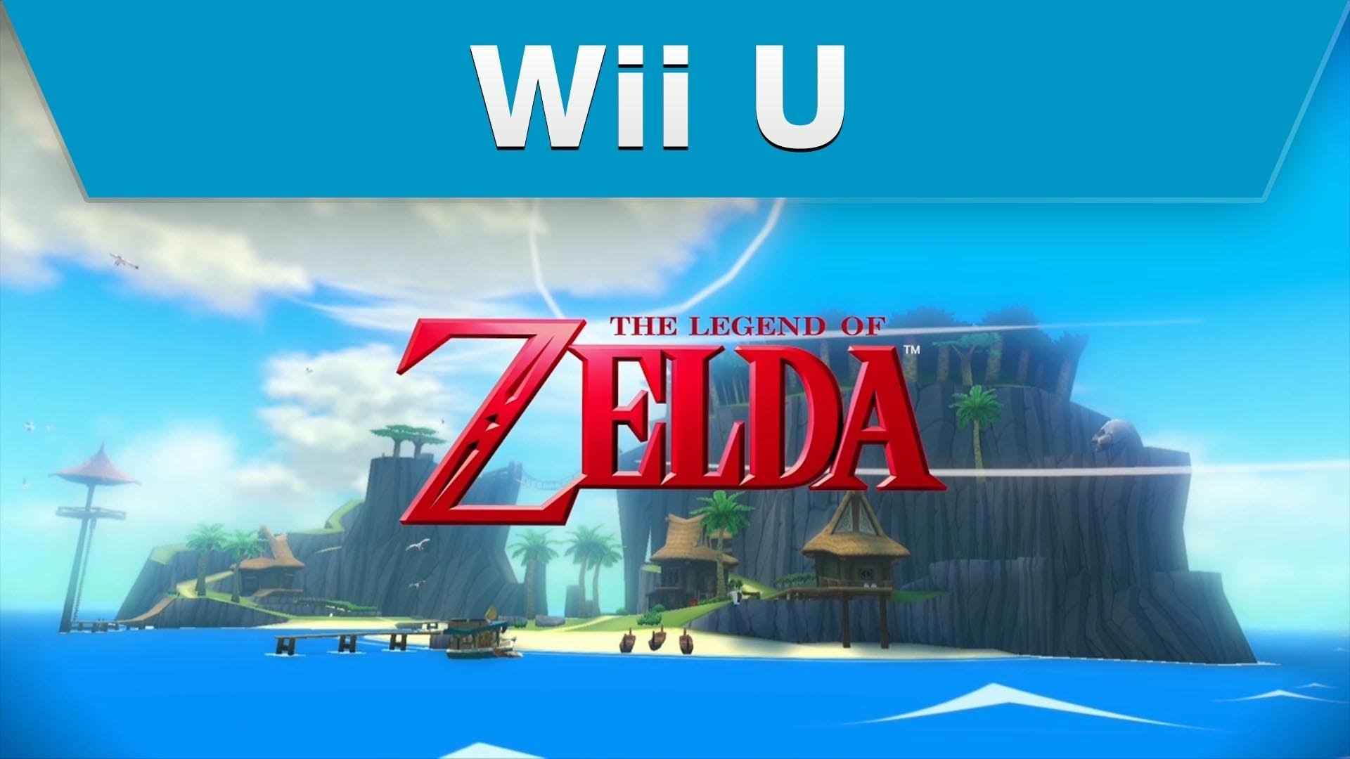 HD wallpaper featuring the logo of The Legend of Zelda: The Wind Waker HD for Wii U with a scenic island backdrop.