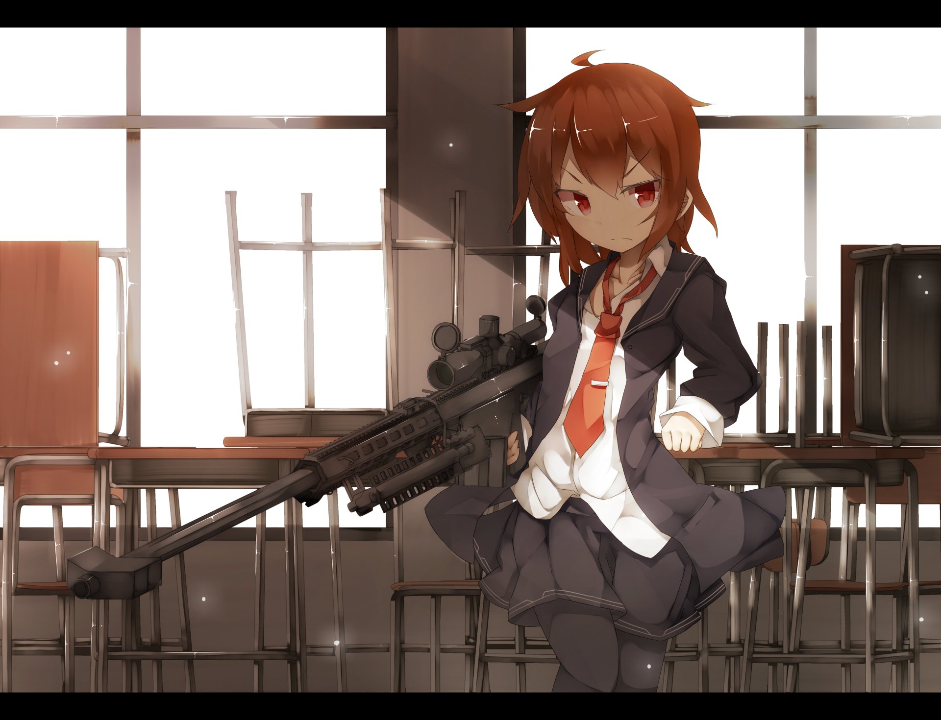 Anime-themed HD desktop wallpaper featuring a confident character in a school setting, skillfully holding a sniper rifle, surrounded by empty desks and a calm atmosphere.