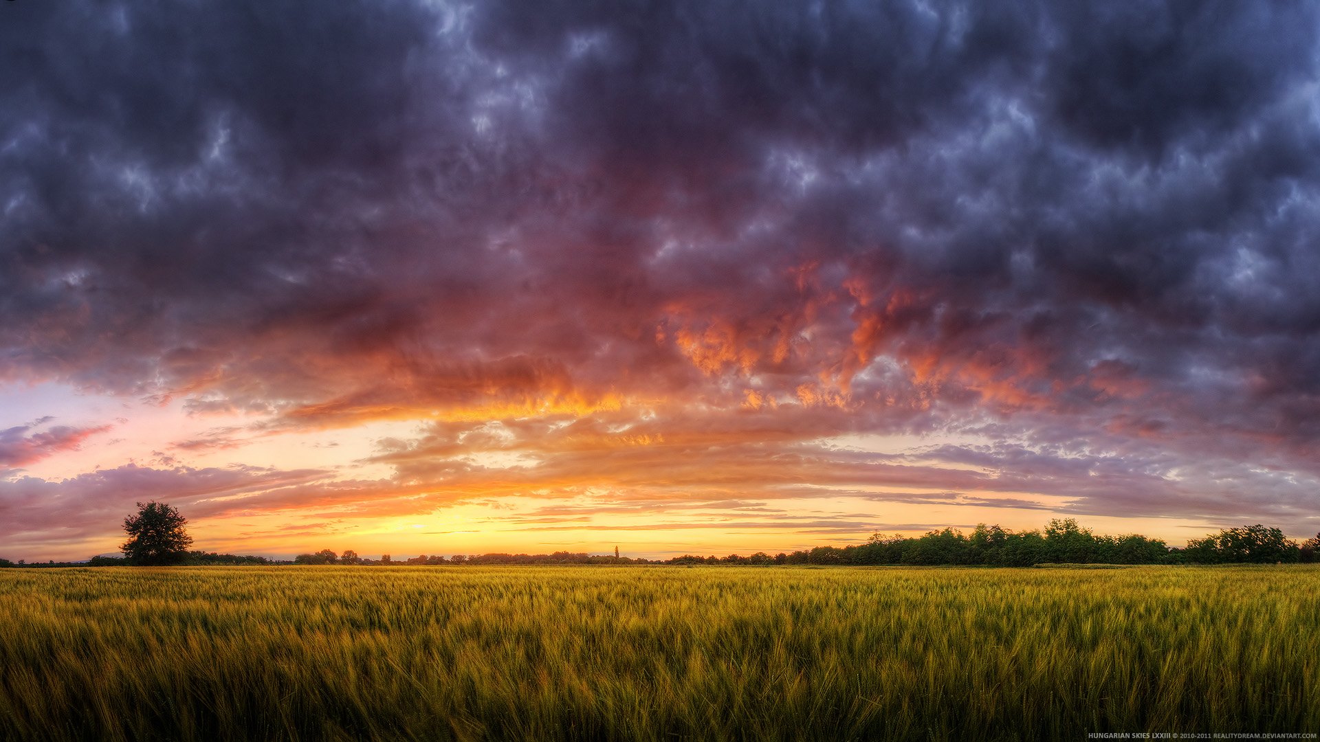 A stunning HD desktop wallpaper featuring a vibrant sunset over a lush green field, set against a dramatic sky filled with colorful clouds.