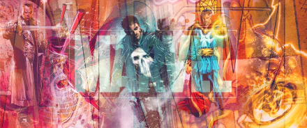 HD Marvel Comics desktop wallpaper featuring Doctor Strange, Ghost Rider, Daredevil, and Punisher with a vibrant, dynamic logo backdrop in a comic art style.