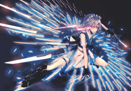 Anime wallpaper featuring Sakuya Izayoi from Touhou, depicted in a dynamic pose with knives flying around her. She is dressed in a maid outfit against a striking blue background.