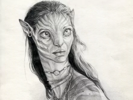 Pencil sketch of a Na'vi character from the movie Avatar, detailed as an HD PC desktop wallpaper and background.