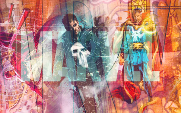 HD Marvel Comics desktop wallpaper featuring Doctor Strange, Ghost Rider, Daredevil, and Punisher with a vibrant, dynamic logo backdrop in a comic art style.