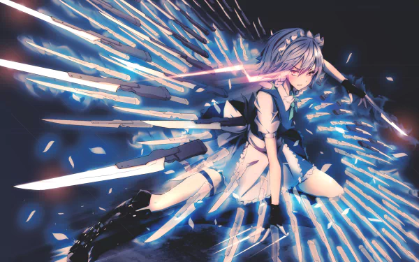 Anime wallpaper featuring Sakuya Izayoi from Touhou, depicted in a dynamic pose with knives flying around her. She is dressed in a maid outfit against a striking blue background.