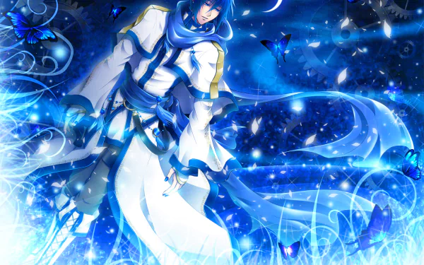 HD anime desktop wallpaper featuring Kaito from Vocaloid surrounded by glowing blue butterflies and swirling light effects, creating a vibrant and dynamic background.