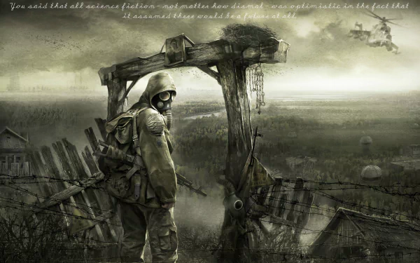 HD PC desktop wallpaper featuring a lone stalker in a gas mask amidst a desolate, foggy landscape from the video game S.T.A.L.K.E.R.: Shadow of Chernobyl.