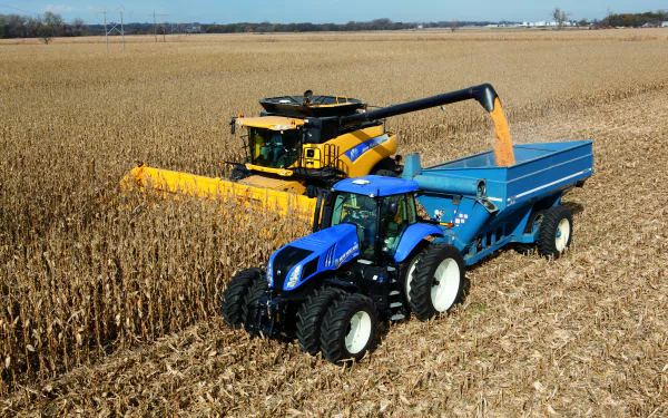 A New Holland tractor and combine harvester work together in a golden cornfield, creating a striking HD desktop wallpaper featuring agricultural machinery in action.