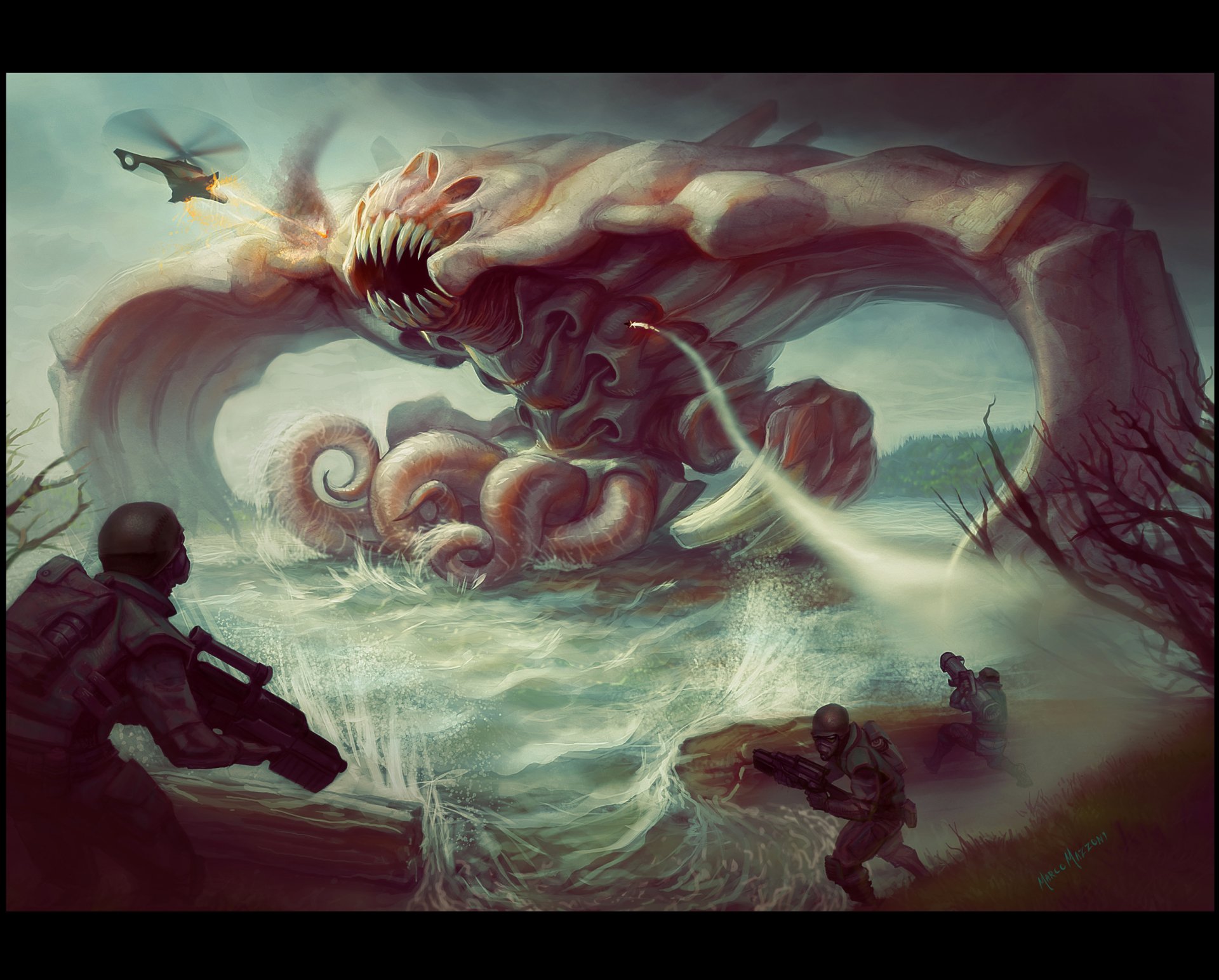 A dramatic fantasy scene featuring a colossal kraken rising from turbulent waters, with armed soldiers and a helicopter amidst the chaos, capturing an epic battle. HD PC desktop wallpaper.